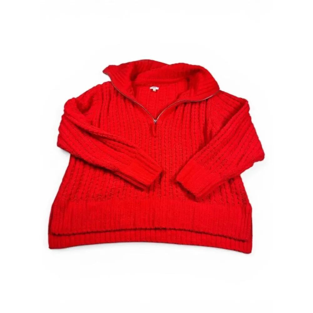 Aerie Cable Car 1/4 Zip Sweater Red Chunky Knit Layering Cozy Soft Relaxed Fit S